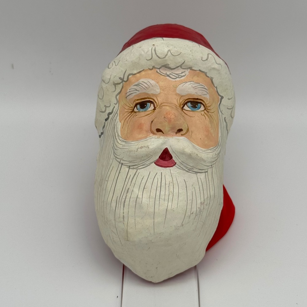 Vintage Paper Mache Santa Claus Head Candy Container Treat Bag Ornament 6"